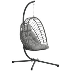 Outsunny Outdoor PE Rattan Swing Chair with Thick Padded Cushion, Foldable Basket Patio Hanging Chair with Metal Stand, Headrest