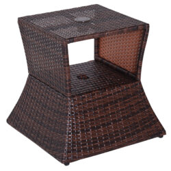 Outsunny Outdoor Patio Rattan Wicker Coffee Table Bistro Side Table w/ Umbrella Hole and Storage Space, Brown Aosom UK