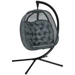 Outsunny Outdoor Swing Chair w/ Thick Padded Cushion, Patio Hanging Chair w/ Metal Stand, Foldable Basket, Cup Holder, Dark Grey