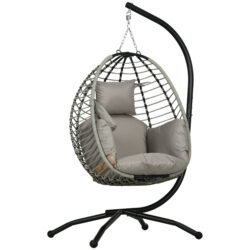 Outsunny Outdoor Swing Chair with Thick Padded Cushion, Patio Hanging Chair w/ Metal Stand, Foldable Basket, Cup Holder, Rope Structure