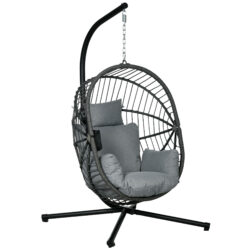 Outsunny Outdoor Swing Chair with Thick Padded Cushion, Patio Hanging Chair with Metal Stand, Foldable Basket, Cup Holder, Rope Structure
