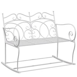 Outsunny Patio 2 Seater Rocking Bench Steel Garden Outdoor Garden Loveseat Chair w/ Decorative Backrest White Aosom UK