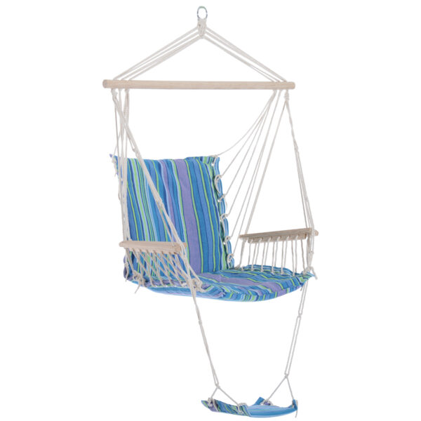 Outsunny Patio Swing Seat: Outdoor Hammock Hanging Chair, Wooden with Footrest, Armrest & Cotton Cloth, Blue