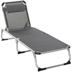 Outsunny Portable Garden Lounger, Foldable Camping Bed with Pillow, 5-Level Adjustable Back, Aluminium Frame, 76H x 170L x 60W cm, Grey Aosom UK
