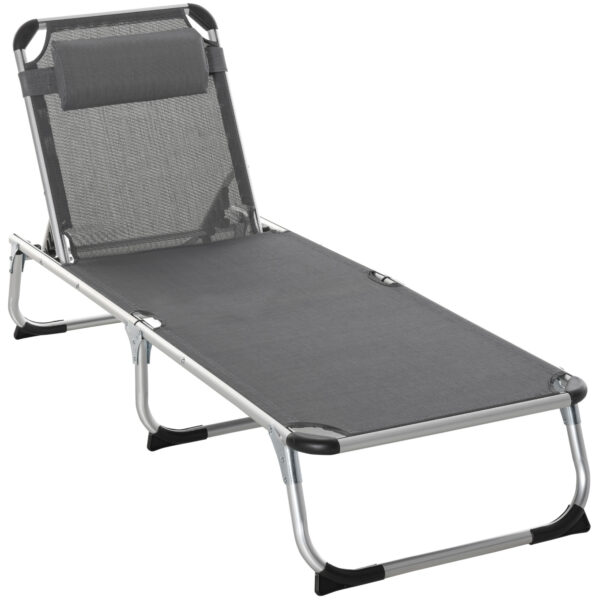 Outsunny Portable Garden Lounger, Foldable Camping Bed with Pillow, 5-Level Adjustable Back, Aluminium Frame, 76H x 170L x 60W cm, Grey Aosom UK