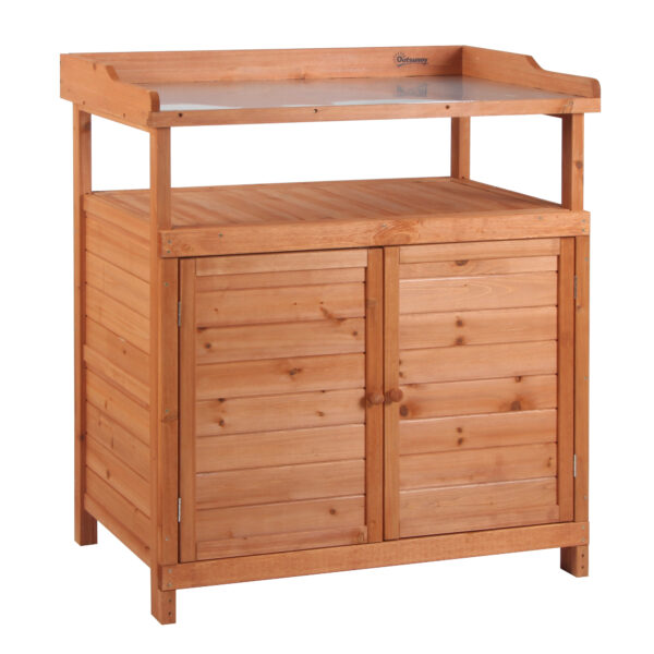 Outsunny Potting Bench Table, Multi-function, with Storage Cabinet, Galvanized Table Top, Wooden Planting Workstation, 98cm x 47cm x 105cm Aosom UK