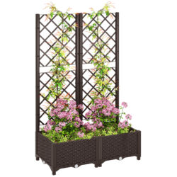 Outsunny Raised Garden Bed with Trellis, Plastic Planter Box with Drainage Holes and Drain Plugs for Climbing Plants, Vegetables, Flowers, Brown