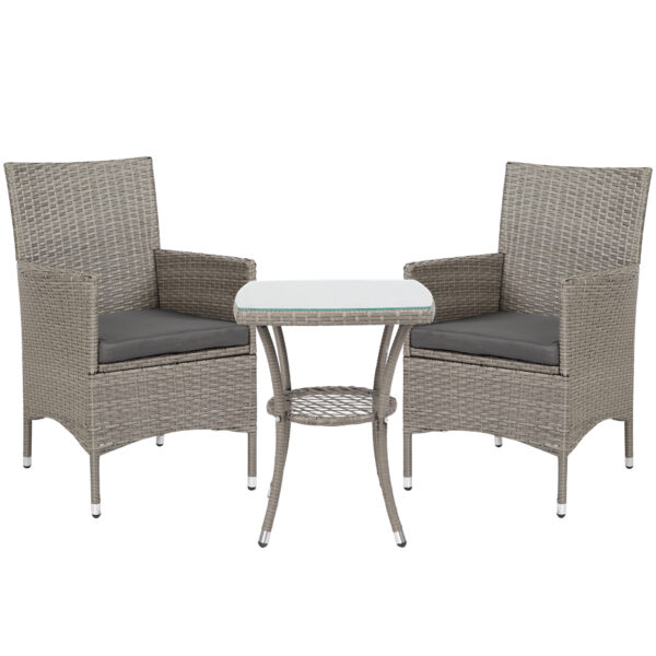 Outsunny Rattan Bistro Set, 2 Seater Outdoor Chair Table Set, Garden Furniture, Waterproof, Washable Cushions, Grey Aosom UK