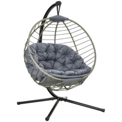 Outsunny Rattan Relaxation: Outdoor Hanging Chair with Stand, Padded Cushion, Foldable, Cup Holder, Greystone