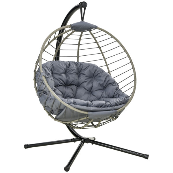 Outsunny Rattan Relaxation: Outdoor Hanging Chair with Stand, Padded Cushion, Foldable, Cup Holder, Greystone
