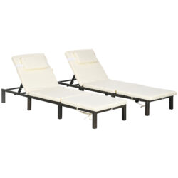 Outsunny Rattan Sun Loungers Set of 2 with 5-Level Adjustable Backrest, Wicker Lounge Chairs with Padded Cushion and Headrest for Outdoor, Poolside, Garden, Cream White