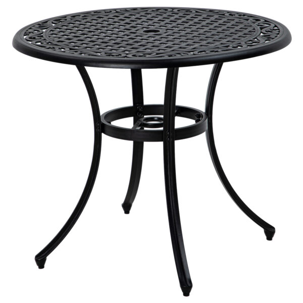 Outsunny Round Garden Table with Parasol Hole, 90cm Cast Aluminium Outdoor Dining Table for 2-4 for Balcony - Black