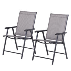 Outsunny Set of 2 Foldable Garden Chairs W/ Metal Frame Outdoor Patio Park Dining Seat Yard Furniture Grey Aosom UK