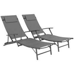 Outsunny Set of 2 Folding Sun Loungers for Garden, 4 Positions Adjustable Outdoor Chaise Lounge Chairs with Armrests, Pillows, Grey