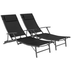 Outsunny Set of 2 Folding Sun Loungers for Garden, Adjustable Outdoor Chaise Lounge Chairs with Armrests, Pillows, Sunbed Recliners, Black