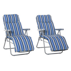 Outsunny Set of 2 Garden Sun Lounger Outdoor Reclining Seat Cushioned Seat Foldable Adjustable Recliner Blue and White Aosom UK