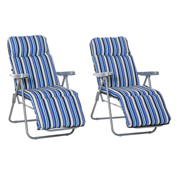 Outsunny Set of 2 Garden Sun Lounger Outdoor Reclining Seat Cushioned Seat Foldable Adjustable Recliner Blue and White Aosom UK
