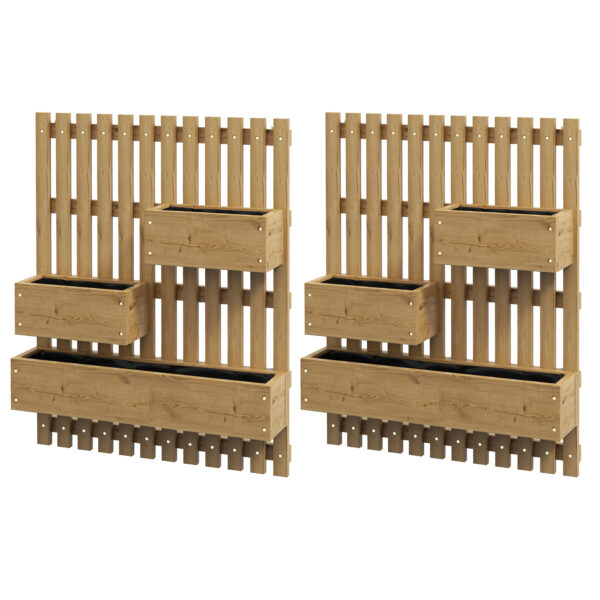 Outsunny Set of 2 Wall-mounted Wooden Garden Planters with Trellis, Drainage Holes and Movable Planter Boxes for Patio, Carbonised
