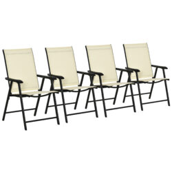 Outsunny Set of 4 Folding Garden Chairs, Metal Frame with Breathable Mesh Seat, Outdoor Patio Dining Chair, Beige Aosom UK