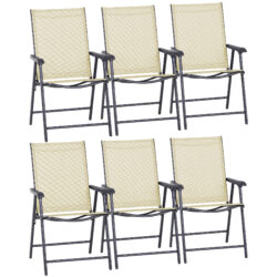 Outsunny Set of 6 Folding Garden Chairs, Metal Frame with Breathable Mesh Seat, Outdoor Patio Dining Chair, Beige Aosom UK