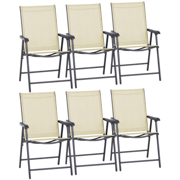 Outsunny Set of 6 Folding Garden Chairs, Metal Frame with Breathable Mesh Seat, Outdoor Patio Dining Chair, Beige Aosom UK