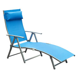 Outsunny Sun Lounger Steel Frame Outdoor Folding Chaise Texteline Lounge Chair Recliner with Headrest & 7 Levels Adjustable Backrest, Blue Aosom UK