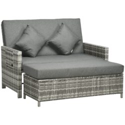 Outsunny Waterproof 2 Seater Assembled Garden Patio Outdoor Rattan Furniture Sofa Sun Lounger Daybed with Fire Retardant Sponge - Grey Aosom UK