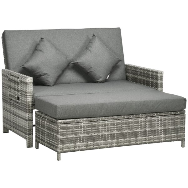 Outsunny Waterproof 2 Seater Assembled Garden Patio Outdoor Rattan Furniture Sofa Sun Lounger Daybed with Fire Retardant Sponge - Grey Aosom UK