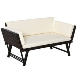 Outsunny Waterproof 2 Seater Rattan Folding Daybed Sofa Bench Garden Chaise Lounger Loveseat with Cushion Outdoor Patio Brown Aosom UK