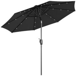 Outsunny Waterproof Garden Parasol with Solar LED Lights, Tilt Sun Umbrella, Outdoor Patio Shade, 24 LED, Hand Crank, 8 Ribs, 2.7m, Black Aosom UK