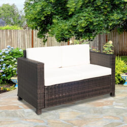 Outsunny Waterproof Garden Rattan Sofa 2 Seater Outdoor Garden Wicker Weave Furniture Patio 2-Seater Double Couch Loveseat Brown Aosom UK