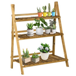 Outsunny Wooden 3 Tier Folding Flower Pot Stand, Garden Planter Display Ladder, Herb Rack, Natural Aosom UK