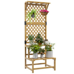Outsunny Wooden Plant Stand with Trellis, Freestanding Raised Garden Bed for Climbing Plants, Vegetables and Flowers for Garden, Yellow