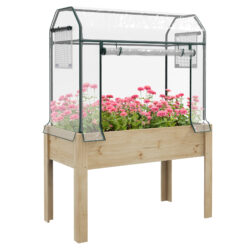 Outsunny Wooden Planter Box with Greenhouse Cover and Bed Liner, Raised Garden Bed for Vegetables, Flowers, Herbs Aosom UK