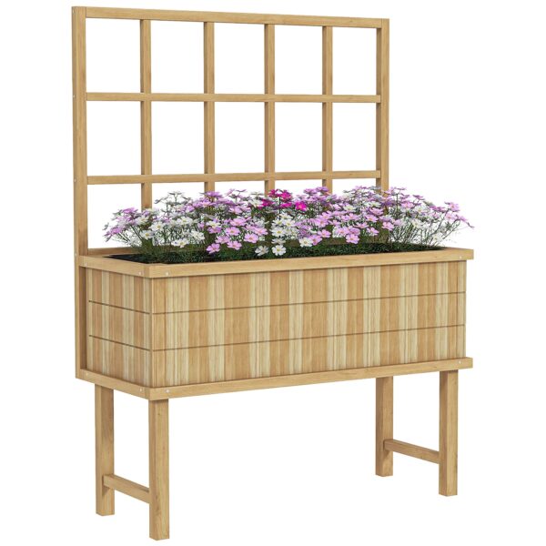 Outsunny Wooden Raised Planter with Trellis for Vine Climbing Plants, Elevated Garden Bed with Drainage Holes and Bed Liner Aosom UK