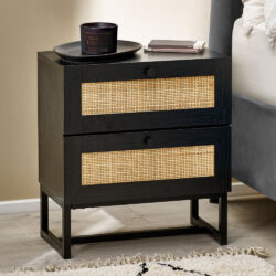 Padstow - 2 Drawer Bedside Table - Black - Wooden/Rattan - Happy Beds