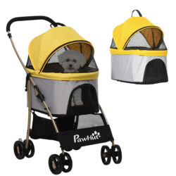 PawHut 3-In-1 Dog Pushchair, Detachable Pet Travel Stroller with Brake, Canopy, and Storage, Yellow Aosom UK