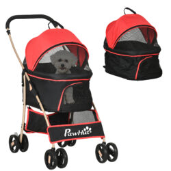 PawHut 3-In-1 Pet Stroller, Detachable Dog Pushchair with Universal Wheels, Brake & Canopy, Foldable Travel Bag for XS & S Pets, Red Aosom UK