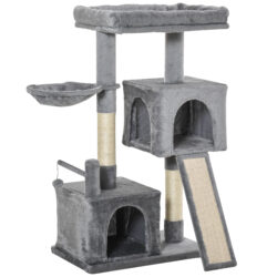 PawHut Cat tree Tower 111cm Climbing Kitten Activity Centre with Sisal Scratching Post Pad Perch Hanging Ball Hammock Condo Toy Grey Aosom UK
