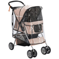 PawHut Compact Dog Stroller with Waterproof Cover, Lightweight Pet Buggy with Drink Holder, Undercarriage Basket, Safety Reflectors, Brown Aosom UK