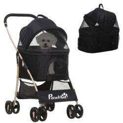 PawHut Detachable Pet Stroller, 3-In-1 Dog Cat Travel Carriage, Foldable with Universal Wheel Brake, Canopy Basket Storage Bag, Black Aosom UK