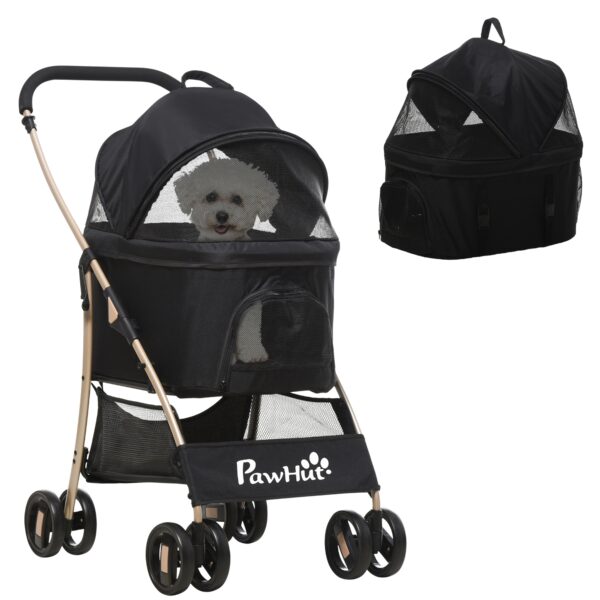 PawHut Detachable Pet Stroller, 3-In-1 Dog Cat Travel Carriage, Foldable with Universal Wheel Brake, Canopy Basket Storage Bag, Black Aosom UK