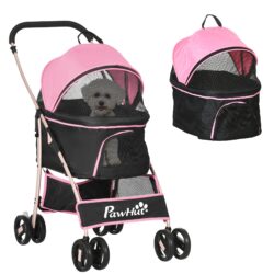 PawHut Detachable dog Stroller, 3 In 1 Puppy Cat Travel Carriage, Foldable w/ Universal Wheel Brake, Canopy, for XS and S Dogs, Pink Aosom UK