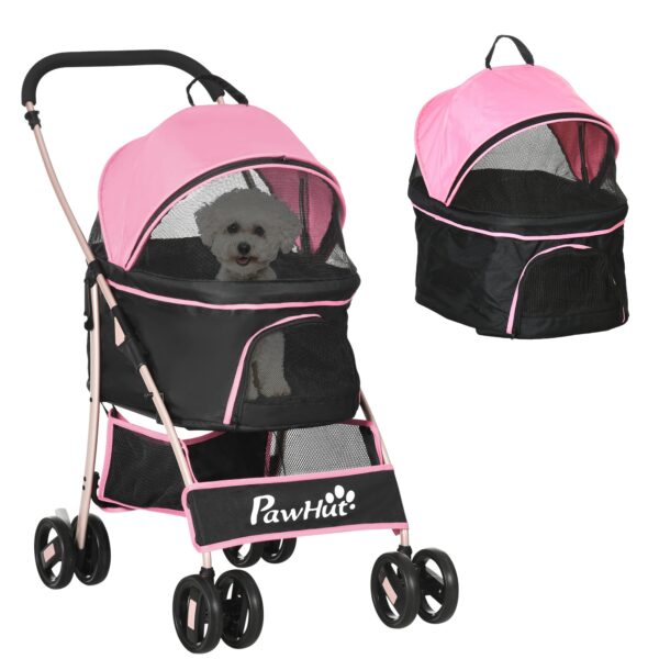 PawHut Detachable dog Stroller, 3 In 1 Puppy Cat Travel Carriage, Foldable w/ Universal Wheel Brake, Canopy, for XS and S Dogs, Pink Aosom UK