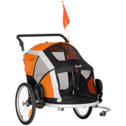 PawHut Dog Bike Trailer 2-in-1 Pet Stroller for Large Dogs Cart Foldable Bicycle Carrier Aluminium Frame with Safety Leash Flag Orange Aosom UK