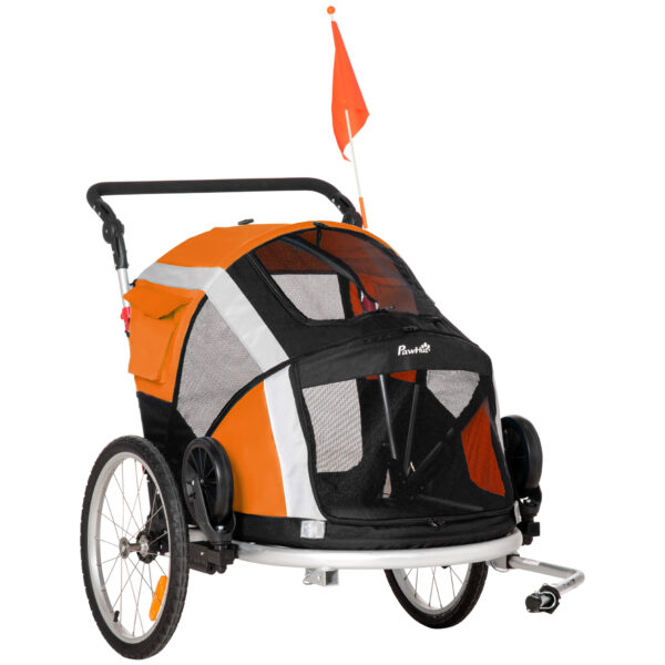 PawHut Dog Bike Trailer 2-in-1 Pet Stroller for Large Dogs Cart Foldable Bicycle Carrier Aluminium Frame with Safety Leash Flag Orange Aosom UK