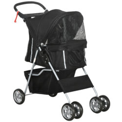 PawHut Dog Pram Cat Stroller Dog Stroller with Cup Holder, Bottom Storage Pocket & Zipper to Keep Your Pet Securely Strapped in, Black Aosom UK