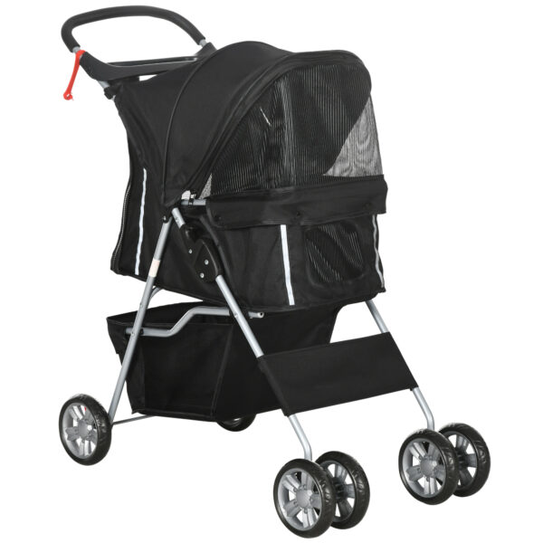PawHut Dog Pram Cat Stroller Dog Stroller with Cup Holder, Bottom Storage Pocket & Zipper to Keep Your Pet Securely Strapped in, Black Aosom UK