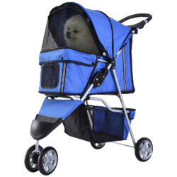 PawHut Dog Pram Cat Stroller Dog Stroller with Cup Holder, Bottom Storage Pocket & Zipper to Keep Your Pet Securely Strapped in, Blue Aosom UK