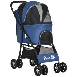 PawHut Foldable Dog Stroller, Cat Travel Carriage, Universal Wheels, Brakes, Adjustable Canopy, Basket Storage, for XS & S Pets, Dark Blue Aosom UK